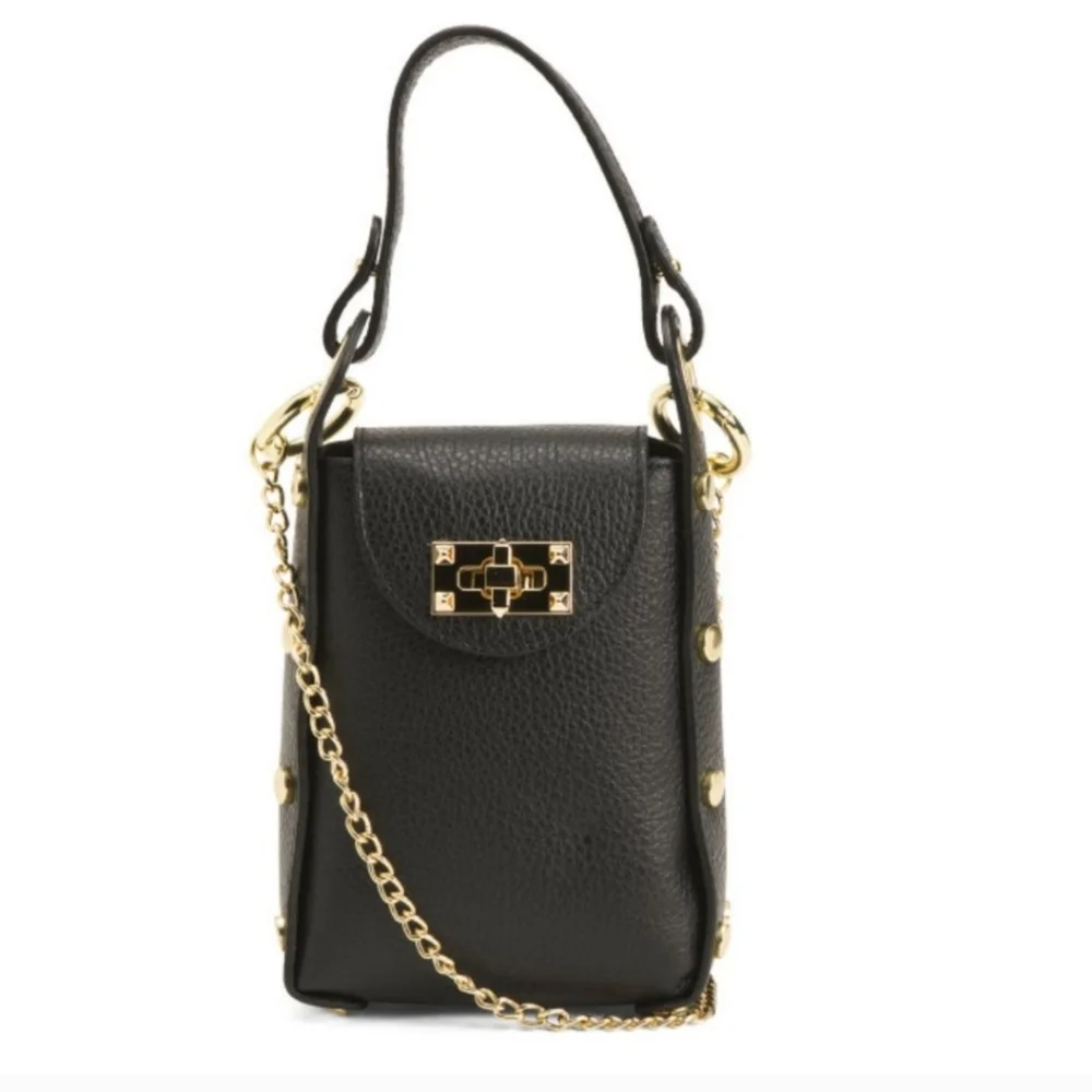 Anna Paola Womens Crossbody Cellphone Bag Leather Chains Italy Small Bla…